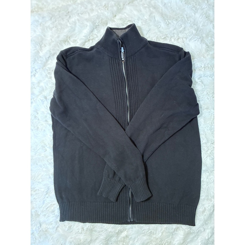 Oscar de la Renta Mens Black 100% Cotton Full Zip Mock Neck Sweater Large